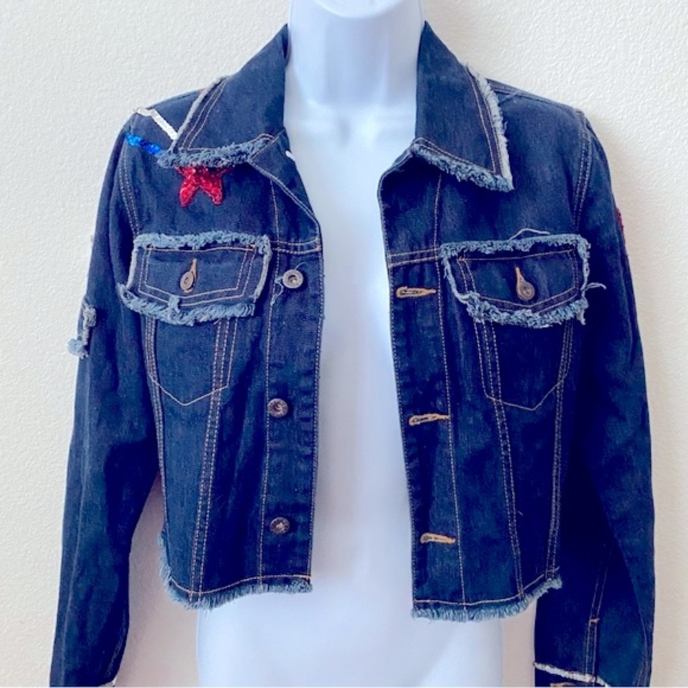 Tommy Hilfiger, Distressed Embellished Denim Jacket Americana Flag Preppy